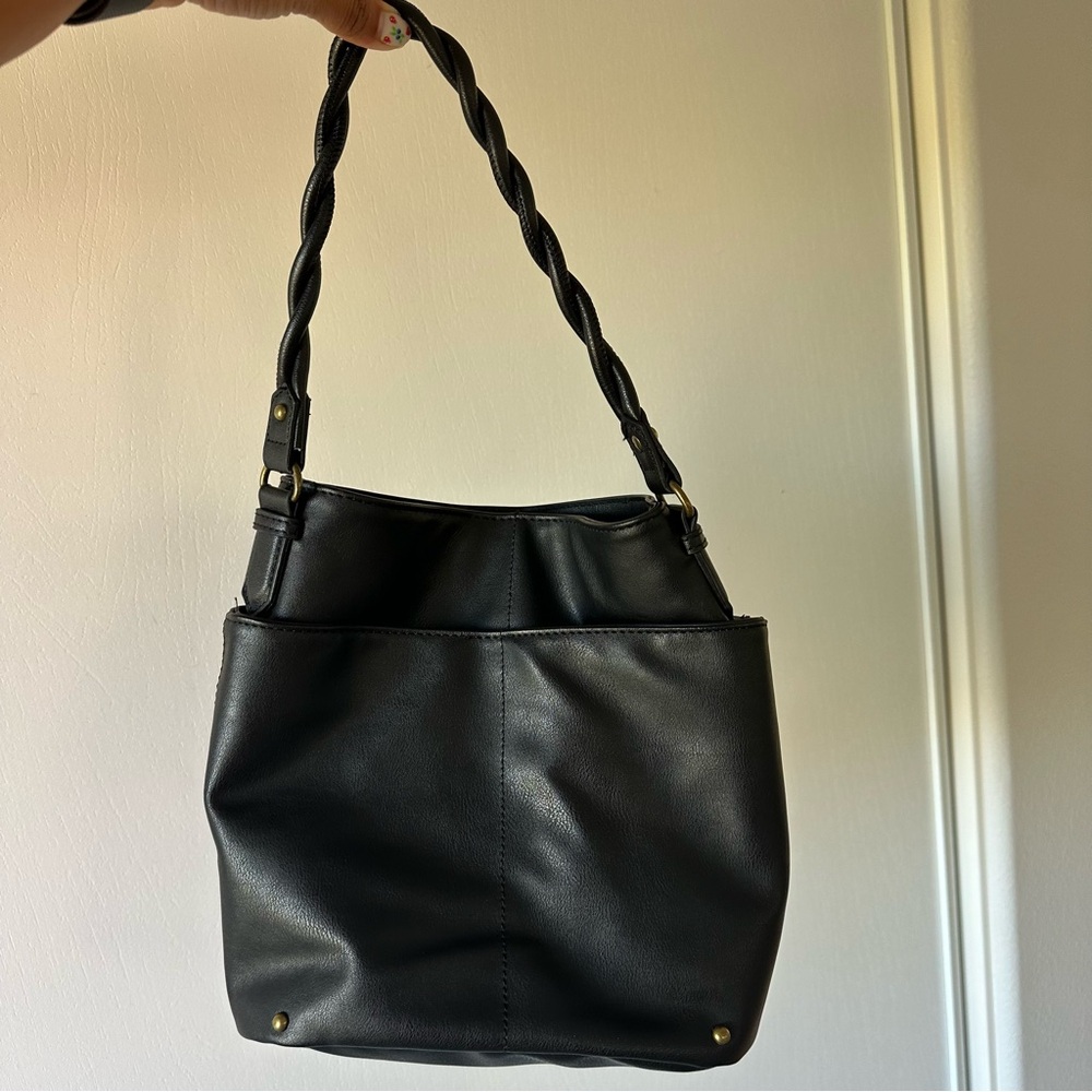 Bucket shoulder Bag with Braided Handle + Multiples Pockets Black Women's purse
